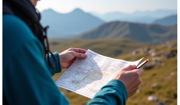 Vandrer som sjekker kart og kompass i fjellet, sikkerhet i fokus