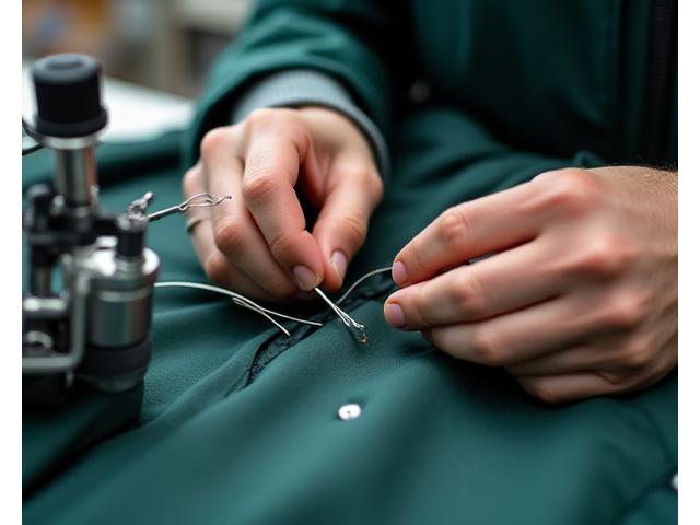 En erfaren tekniker nøye reparerer en revnet gore-tex-jakke ved hjelp av spesialverktøy i et profesjonelt verksted, med fokus på detaljer og presisjon.