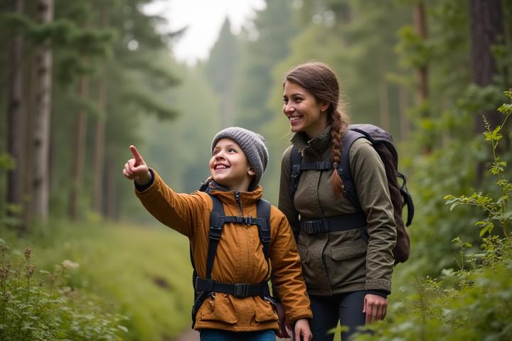 En glad familie på tur i skogen med Norkrona utstyr. Et barn peker entusiastisk på noe.