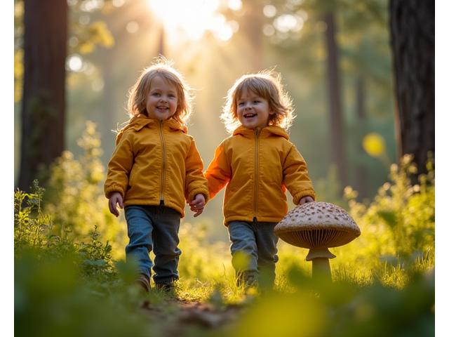 Småbarn på natur-skattejakt i skogen, ler og utforsker med forældre i nærheten.