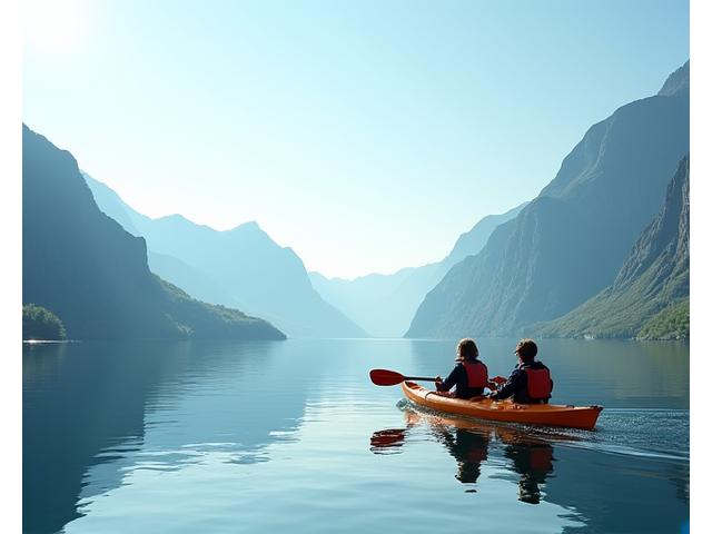 To tenåringer padler kajakk på en rolig innsjø i Norge, med fjell i bakgrunnen.