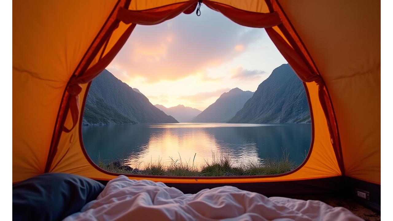 Utsikt fra et telt ved et fjellvann i Norge under solnedgang, symboliserer skreddersydde eventyr