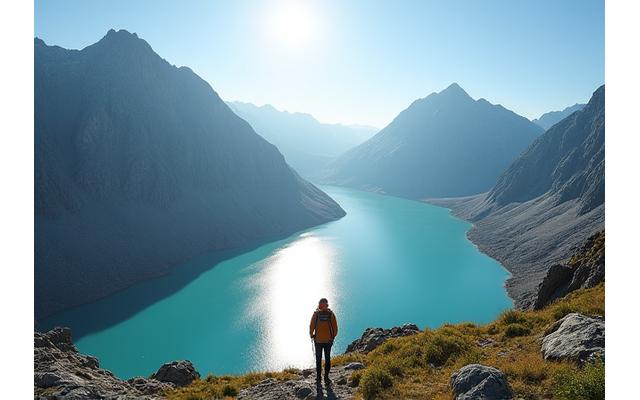 Vandrer ved innsjø i Jotunheimen