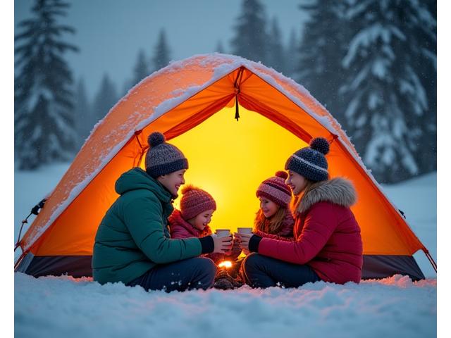 Familie camper i vinterlandskap i Valdres