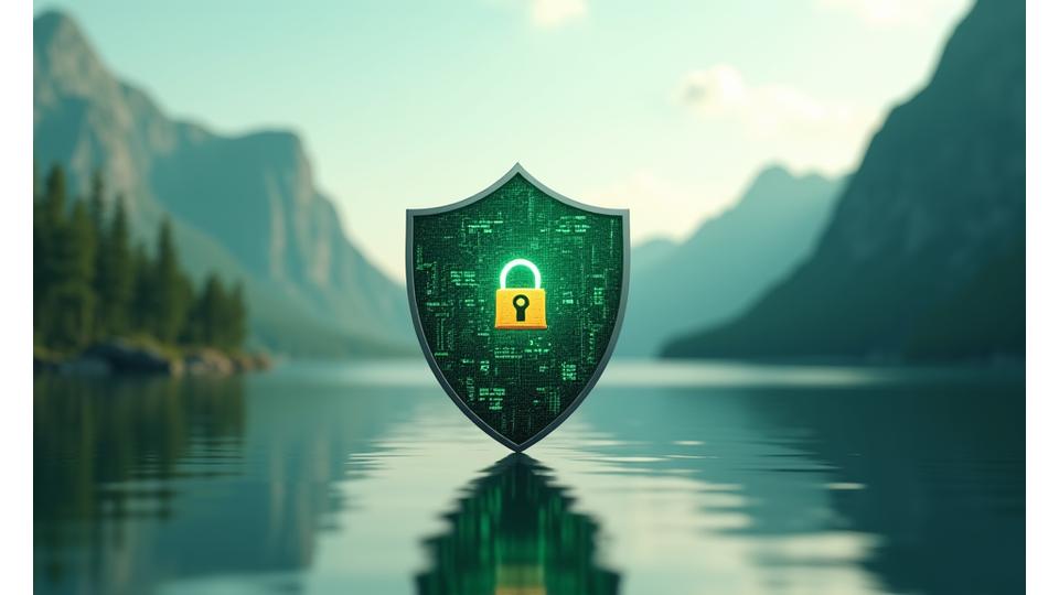 Illustrasjon av databeskyttelse med et skjold og digitale symboler, som representerer datasikkerhet og personvern.