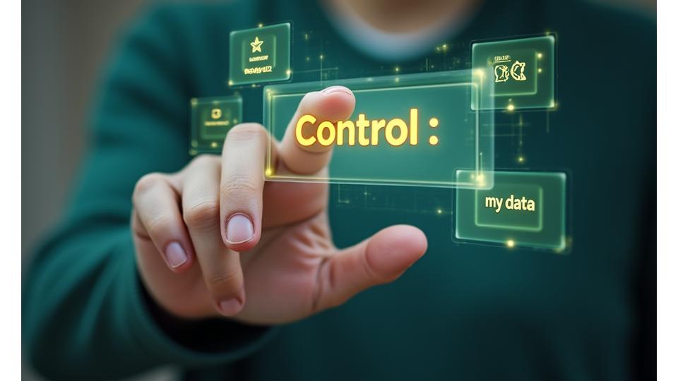 En hånd som trykker på en digital knapp merket 'Mine data', symboliserer brukerkontroll over personopplysninger.