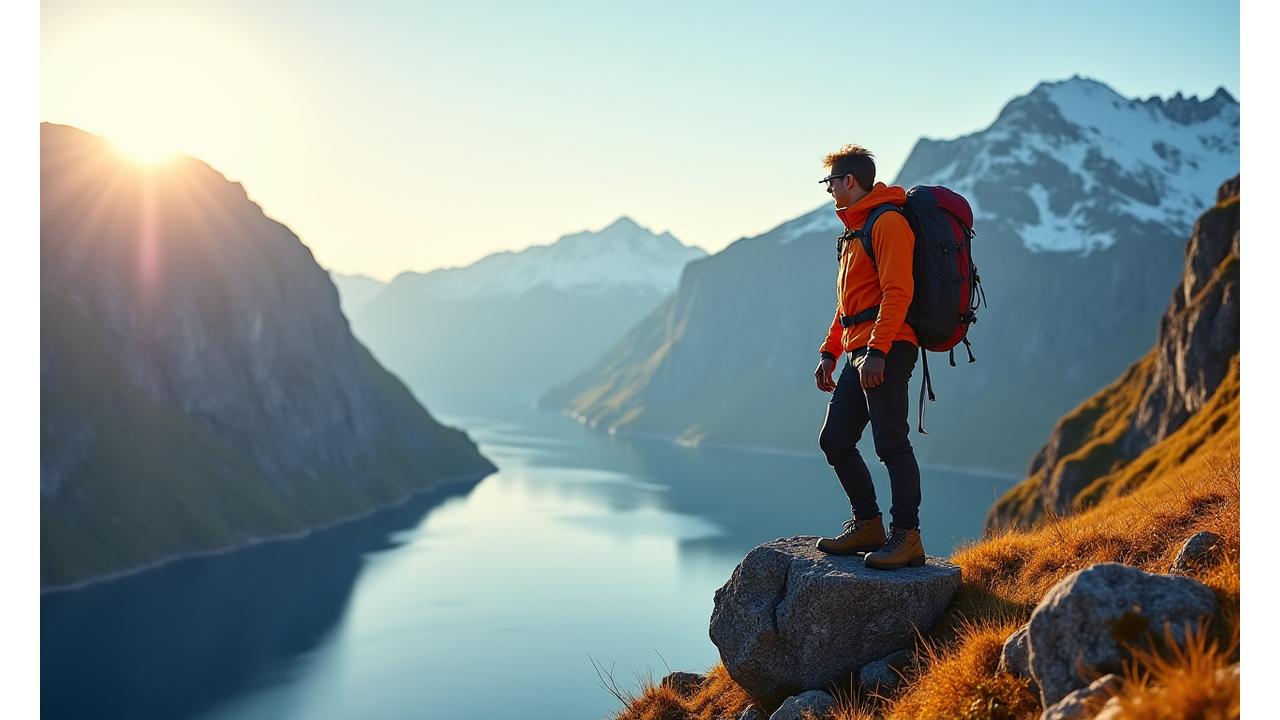 En eventyrer i Norkrona teknisk bekledning står midt i et storslått norsk fjellandskap, med klart vær som fremhever utstyrets værbeskyttelse.