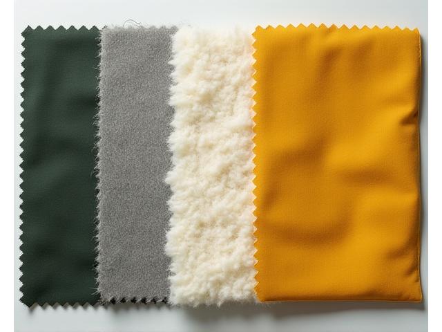 Et utvalg av ulike tekniske tekstilprøver, som Gore-Tex, merinoull og syntetisk isolasjon, pent arrangert for å vise tekstur og detaljer.
