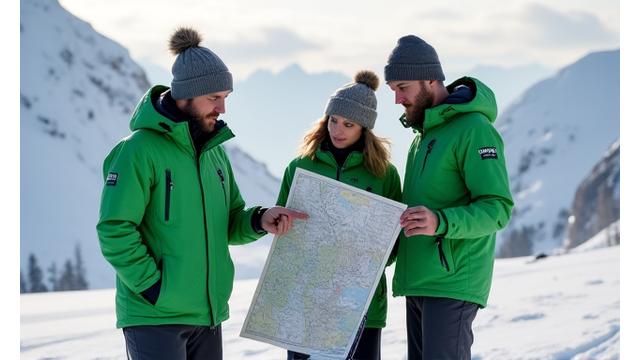 To Norkrona-guider i fullt vinterutstyr peker på et kart i snødekt landskap, viser ekspertise og teamarbeid.