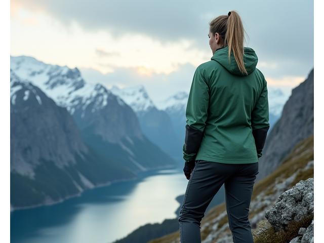 Kvinne i teknisk turantrekk står på majestetisk norsk fjelltopp med utsikt over fjord og snødekte topper i solnedgang. Viser vanntett jakke og bukse.