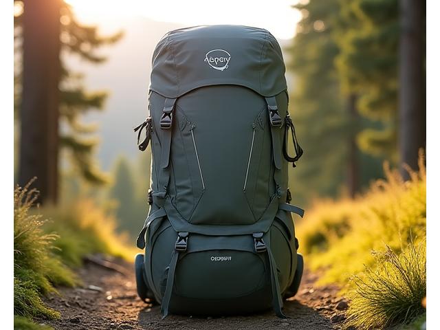 Ergonomisk tursekk på 65 liter med justerbart bæresystem, står i forgrunnen av en sti i frodig norsk skog.