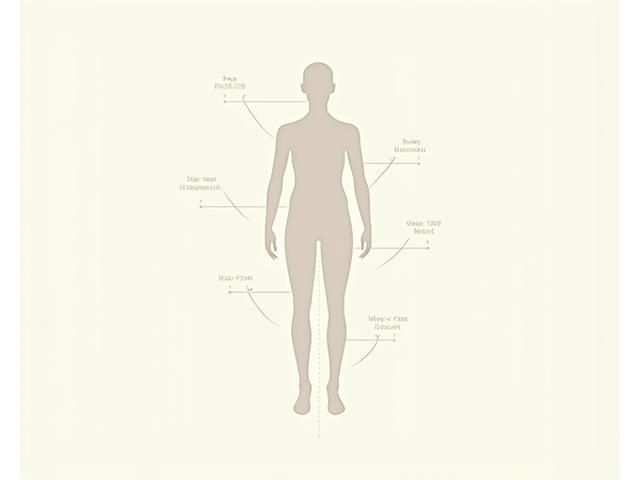 Illustrasjon av en person som tar mål for størrelsesguide med målebånd, med ikoner for ulike klesplagg rundt.